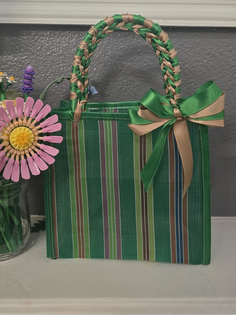 Traditional Mexican Mercado Tote  - Green stripped Mesh Bolsita